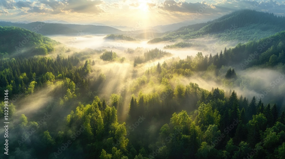 Poster aerial view of a misty forest with sun rays illuminating the landscape showcasing a mountain valley 