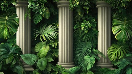 Artistic depiction of tropical and exotic plants with leaves alongside columns Ideal for murals wallpapers postcards or card designs in loft modern and classic styles