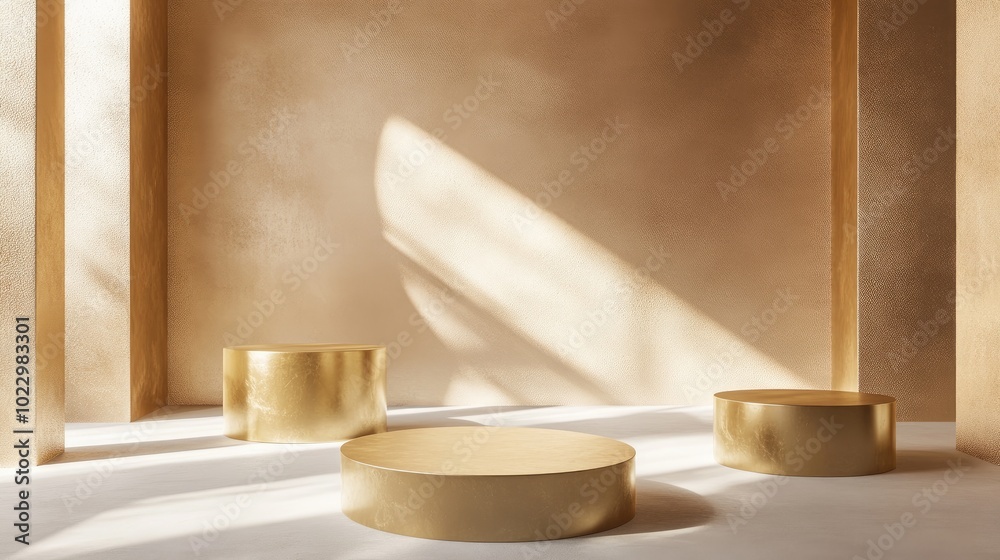 Poster Collection of gold geometric pedestals with minimal circular backdrop and pillars in an abstract studio setting Clean scene for showcasing cosmetic products and promotions 3D rendering