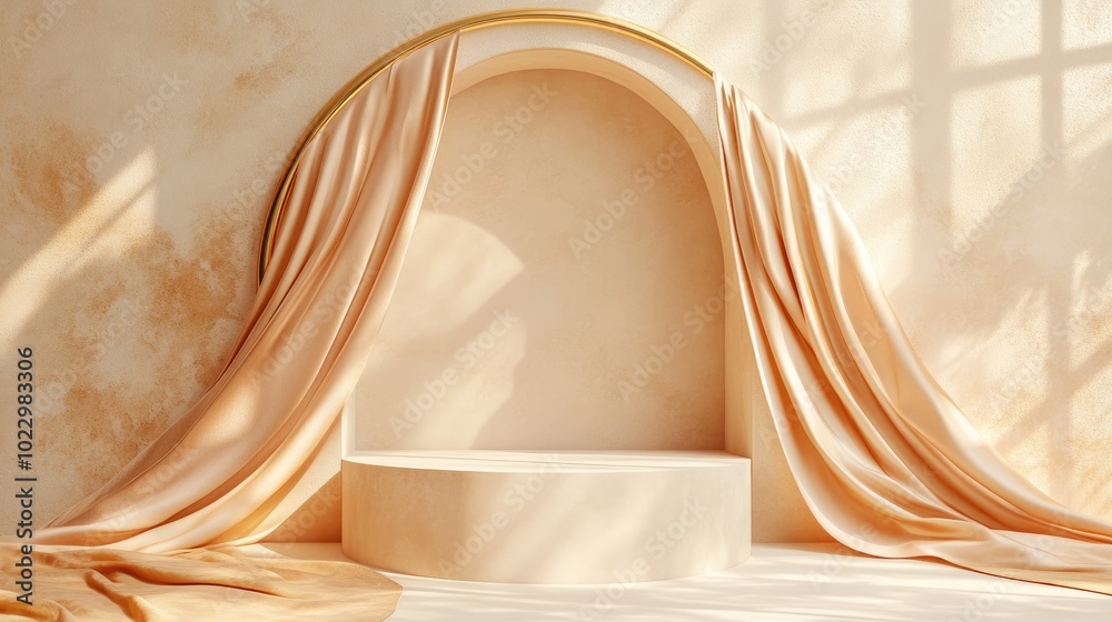 Poster 3d background featuring a beige podium for display mockup flowing silk cloth and a golden arch frame