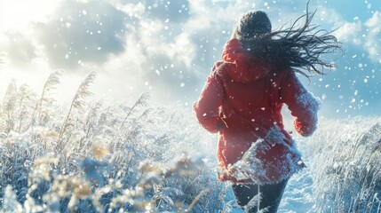 a woman runs gracefully through a snowy landscape her breath visible in the frosty air capturing the essence of winters beauty in a moment of freedom and joy