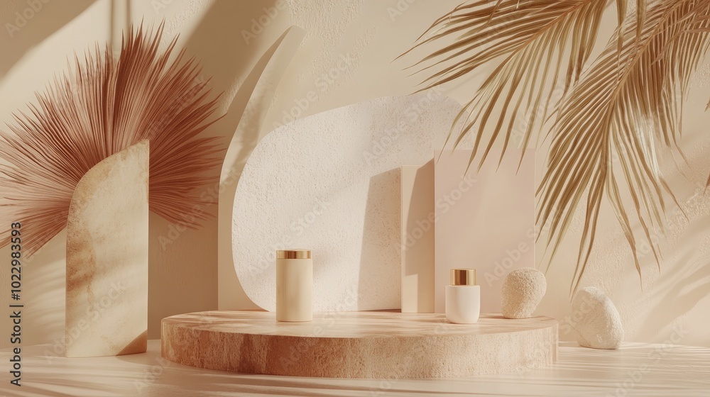 Aufkleber 3D render of a podium display in boho style featuring abstract shapes and palm leaves Minimal pastel background for showcasing cosmetics and products