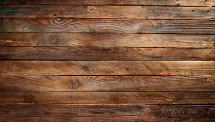 Background of old wooden planks in warm brown tones with a rustic weathered finish, arranged horizontally