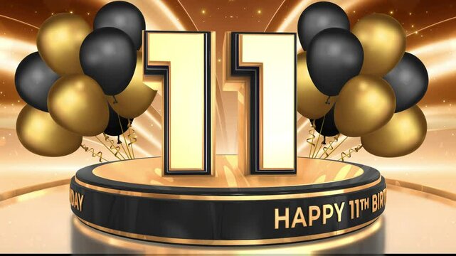 11 year, 11th birthday loop, looped video background, backdrop in 3D Gold with balloons
