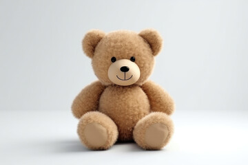 Obraz premium Charming brown teddy bear sitting against a soft blue background, radiating warmth and childhood memories.