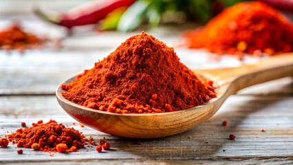 Bright red ground paprika presented in a rustic wooden spoon, ideal for culinary lovers seeking to enhance dishes with exquisite spices and flavorful seasonings.