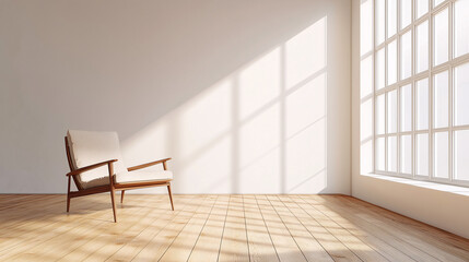 Single chair on a hardwood floor in a spacious, all-white room with high ceilings Focus on the interplay between the textures of wood and smooth surfaces