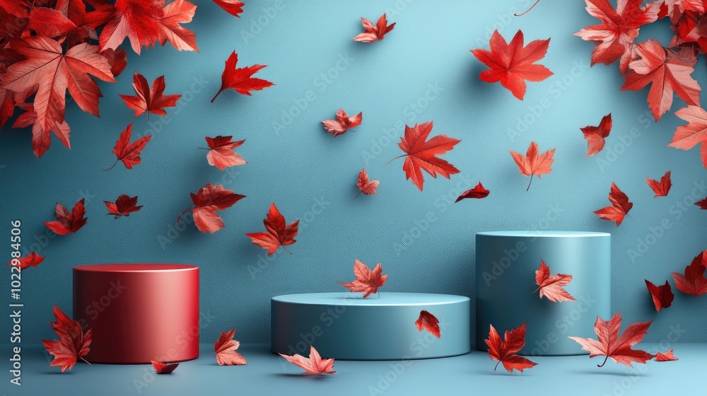 Poster Abstract composition featuring geometric shapes and drifting autumn leaves Cylindrical display on a blue backdrop adorned with red foliage Product showcase Arrangement of podium platform and autum