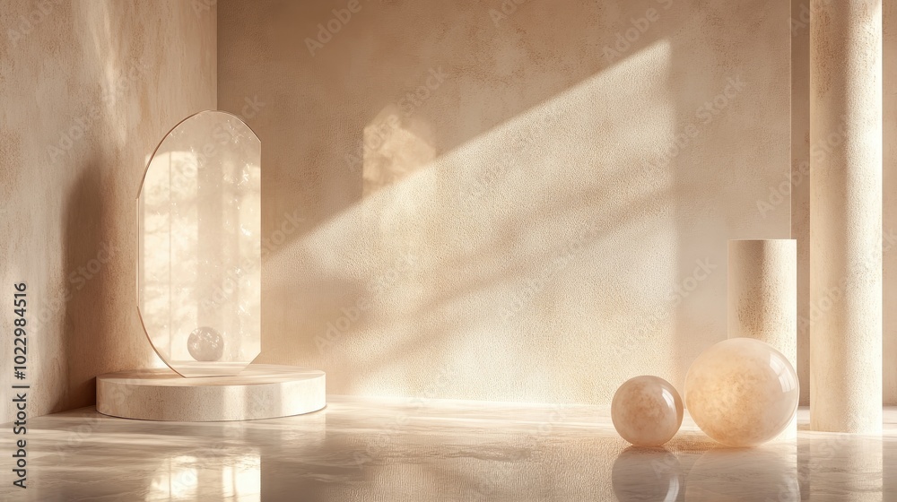 Poster 3D rendering of an abstract cosmetic backdrop featuring a product An empty scene includes a cylindrical mirror and spherical lights on the floor set against a pastel cream minimal wall Ideal for a