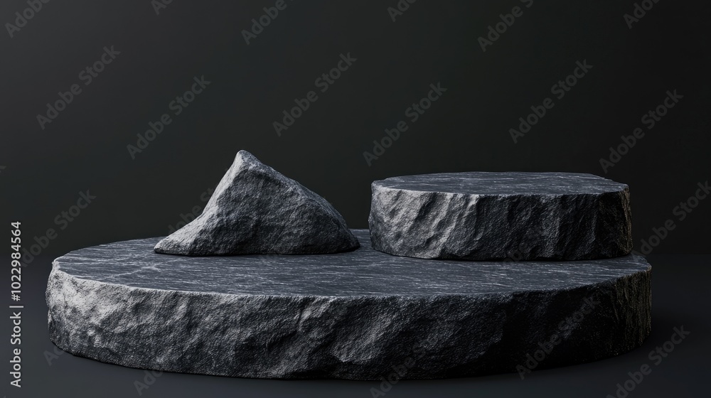 Poster 3d render illustration of stone and rock shapes round podium and pedestal for product display solid 