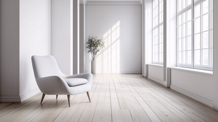Single chair on a hardwood floor in a spacious, all-white room with high ceilings Focus on the interplay between the textures of wood and smooth surfaces