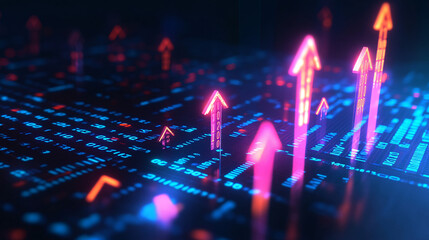 Neon Arrows on Digital Background - Growth, Success, Technology