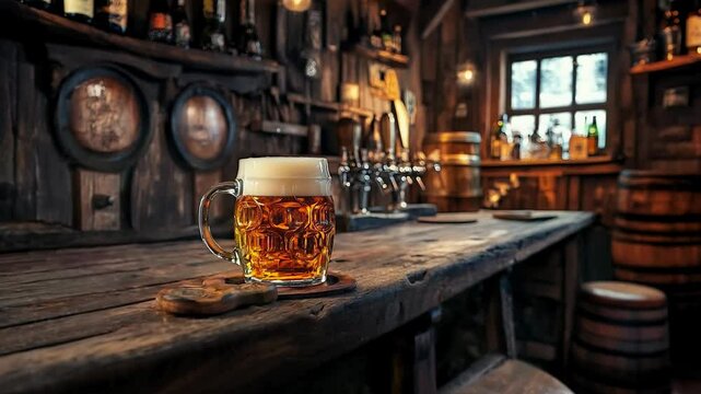 Rustic Bar with Beer Mug and Cozy Ambiance in Wooden Tavern