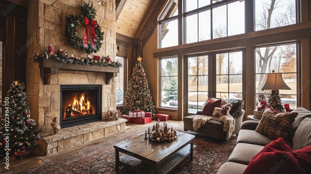 Sticker A warm and cozy rustic living room featuring a fireplace and large windows, decorated for Christmas, creating a perfect retreat