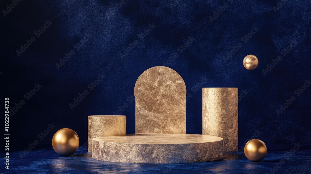 Poster brown cylindrical podium featuring various gold shapes against a dark blue background backdrop desig