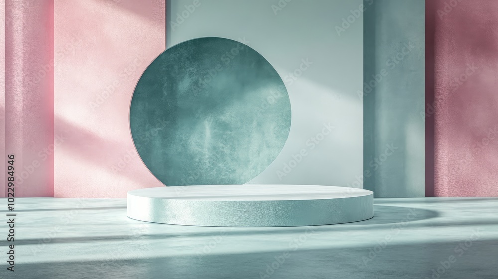 Poster 3d abstract studio space featuring a pedestal podium a geometric platform in white and pastel blue w