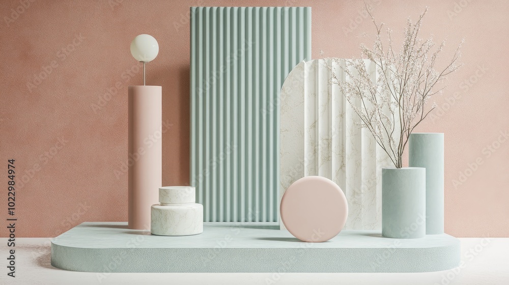 Aufkleber Abstract geometric shapes in pastel colors creating a minimal design for a cosmetic product display podium rendered in 3D