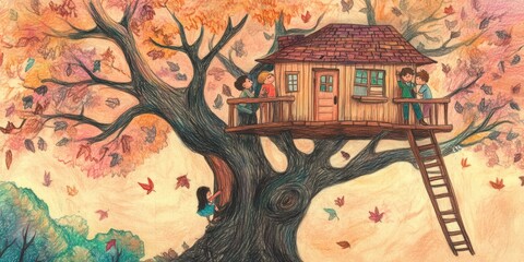 Autumn leaves fall around a treehouse.