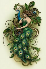 Elegant Peacock and Woman in a Green Dress with Golden Accents