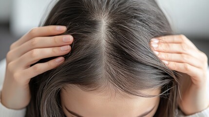 Naklejka premium A woman visibly itching her scalp, showcasing damaged hair, in a close-up shot that emphasizes her struggle with hair health