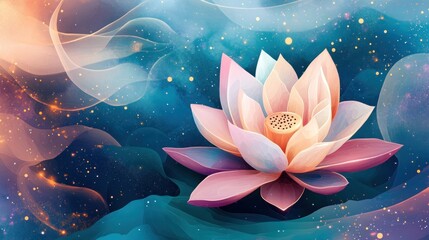 A serene digital illustration of a blooming lotus flower surrounded by soft, colorful waves.
