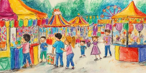 Fototapeta premium Colorful carnival scene with kids and booths.