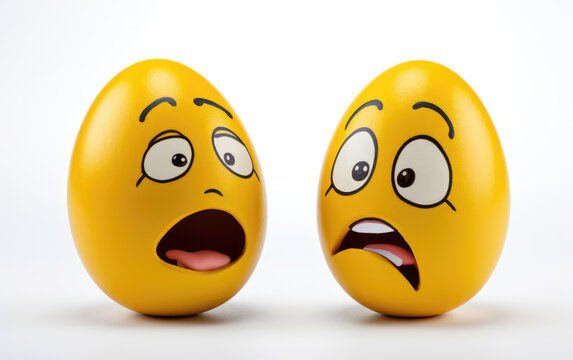 Two yellow emoji eggs with expressive faces showing surprise and concern on a white background.