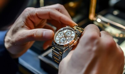 Close-up of hands holding luxury gold watch.