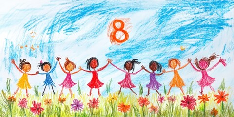 Kids holding hands, number eight, flowers, blue sky.