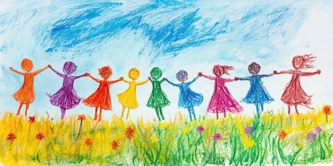 Fototapeta premium Colorful girls holding hands in a field.