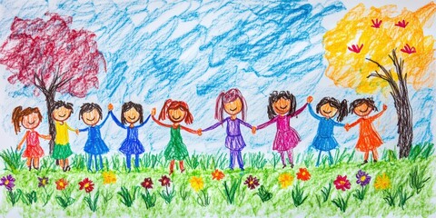 Smiling children holding hands in a park.