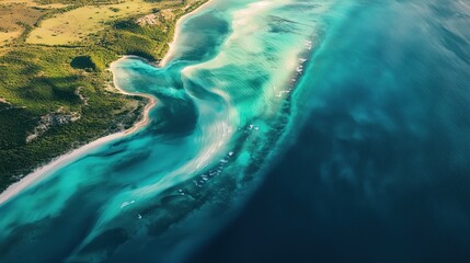 Aerial View of Tropical Coastline and Shallow Turquoise Waters