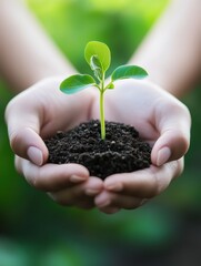 Hands Holding a Young Plant Growing in Soil