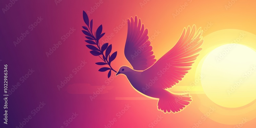 Wall mural Dove with olive branch flies into the sunset.