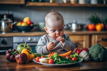 Fototapeta premium Healthy baby food. The first meal. Feeding the baby. A cute kid tastes fresh vegetables.