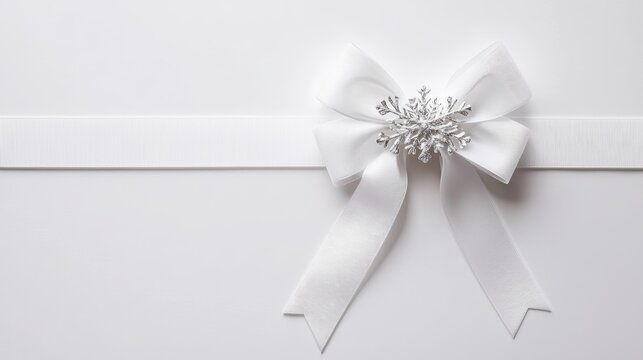 A Christmas bow with snowflake patterns, crisp white ribbon with silver accents, wintery holiday decoration, isolated on white background