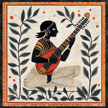 Simple traditional Madhubani Kalighat art from India of a musician with a sitar.