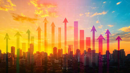 Cityscape with Rising Arrows and Sunset Sky
