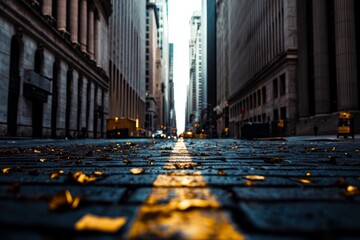 A desolate Wall Street with crumbling statues and deserted trading floors, signifying a failed economy