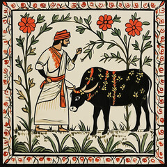 Traditional madhubani kalighat from India illustration of a farmer and his cow.