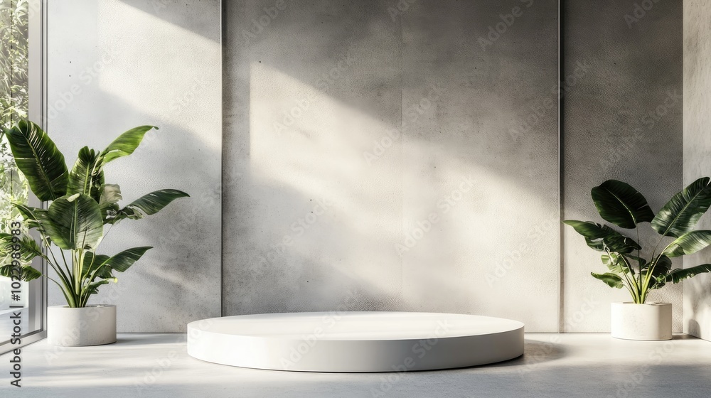 Poster abstract 3d rendering of a modern showroom interior design featuring an empty floor and a white podi