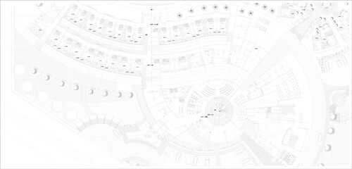 Vector sketch illustration of the silhouette of a residential landscape plan design with a green garden