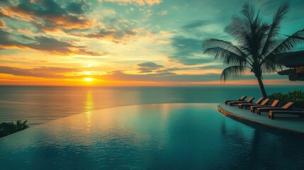 Infinity Pool Overlooking Tropical Sunset at Luxurious Resort