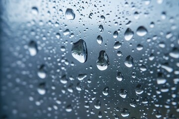 Close-up of raindrops on glass with blue background