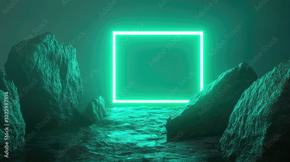 Aufkleber 3D render of an abstract neon green background featuring a glowing square frame and cobblestone rock ruins Scene designed for product display platform
