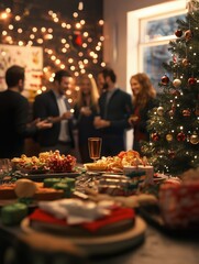 Office Holiday Party with Christmas Decorations and Festive Food