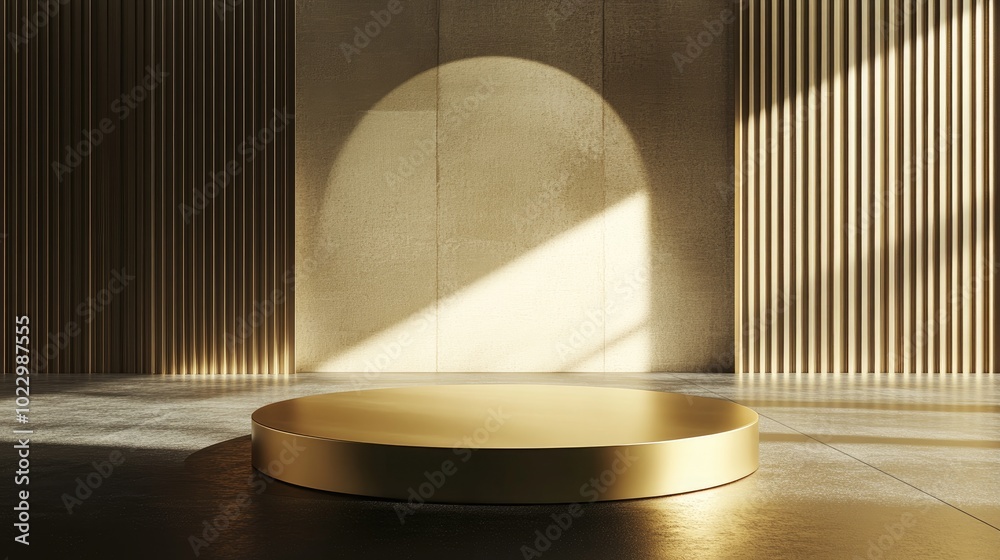 Aufkleber 3D background featuring a golden scene with an empty podium and geometric shapes including a circular pedestal on a floor with shadows designed for minimal style product presentation composition a