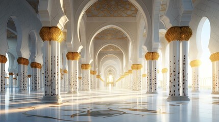 Sunlight streams through the arches of a grand mosque, illuminating the white marble floor and gold-capped columns.