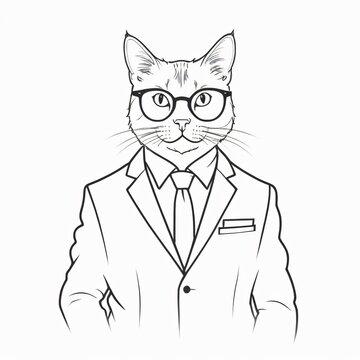 recommend clip art: line art illustration of a cat wearing a business suit and round glasses