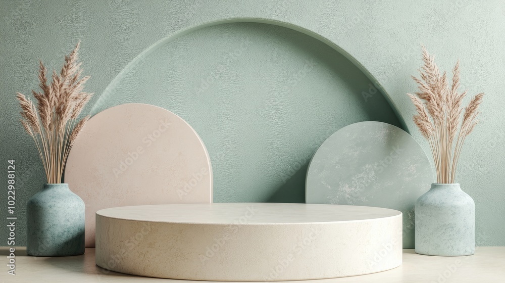 Aufkleber 3D rendering of geometric stone podium Abstract pastel shapes create a blank platform Empty pedestal for product display ideal for showcasing cosmetics Minimalist composition featuring a rounded s